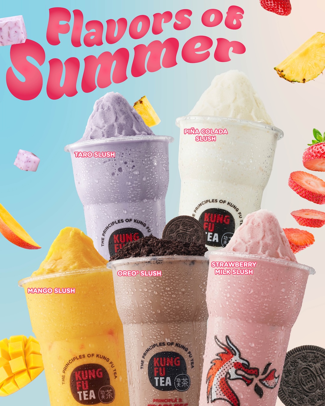 Kung Fu Tea Flavors of Summer slushes: Taro, Piña Colada, Mango, Oreo, and Strawberry Milk