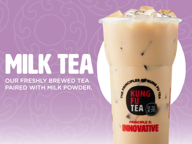 A Kung Fu Tea milk tea in a branded cup beside the words Milk Tea — our freshly brewed tea paired with milk powder.